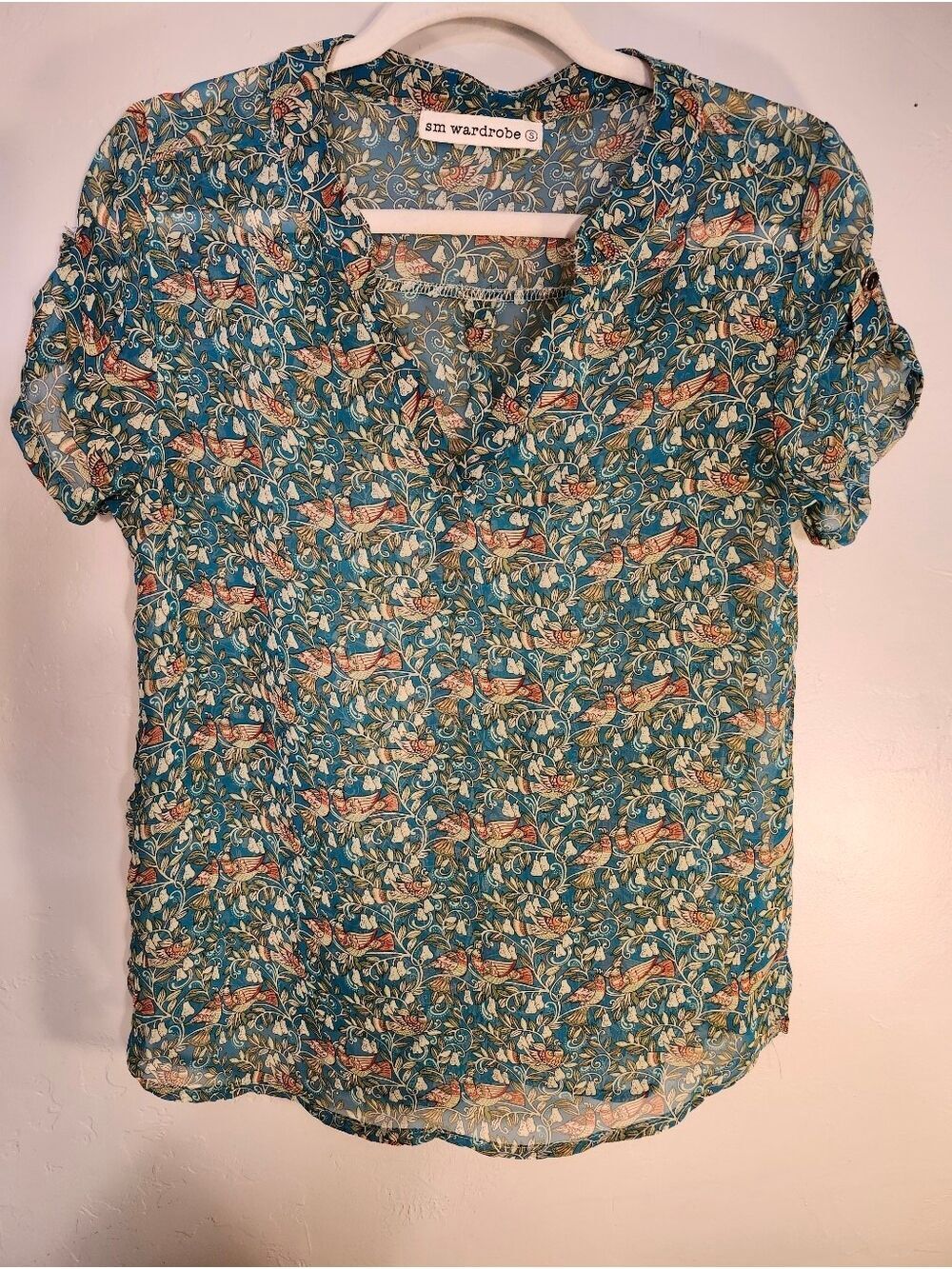 sm wardrobe Teal Floral Short-Sleeve V-Neck Blouse